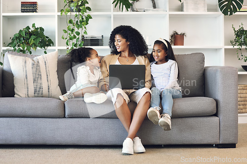 Image of Mother, children and laptop in family home living room for remote work, online education and wifi. Woman and girl kids together on couch with internet for learning, games and watch movies or relax