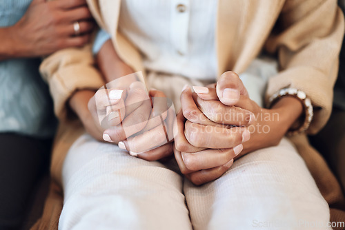 Image of Holding hands, support and solidarity with trust, help and comfort with empathy, care and people together. Parents helping adult child, connection and love with relationship, commitment and zoom