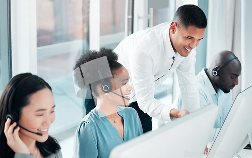 Image of Training, help and people in telemarketing at a call center, online consulting and support. Contact us, advice and a manager helping customer service workers with digital client communication