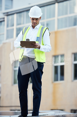 Image of Notes, planning and construction worker writing about building progress, inspection and maintenance. Security, industrial and safety man on a site to check repairs, architecture and contractor work