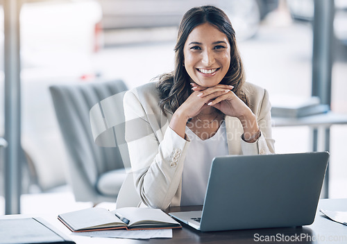 Image of Woman, portrait and laptop in office planning, legal consulting or policy review feedback in corporate law firm. Smile, happy and attorney lawyer on technology in case research or schedule management