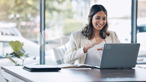 Image of Woman hands, growth or laptop video call, conference meeting or training workshop presentation for company success. Smile, happy or business worker on technology webinar for profit increase timeline