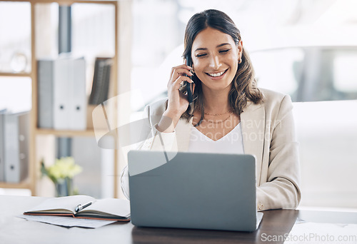 Image of Lawyer, laptop or phone call in office networking, legal consulting or policy communication in corporate law firm. Smile, happy or talking attorney woman on mobile technology and laptop case research