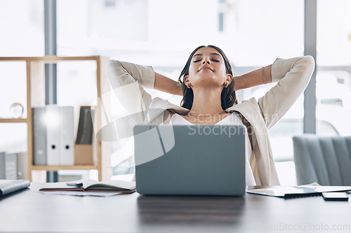 Image of Happy woman stretching at office desk with health, muscle wellness and work life balance with laptop for career. Young business worker, employee or person relax and peace for project time management