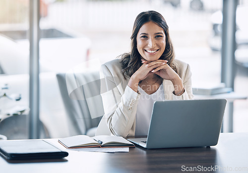 Image of Attorney, portrait and laptop in office consulting, legal planning or policy review feedback in corporate law firm. Smile, happy and lawyer woman on technology in case research or schedule management