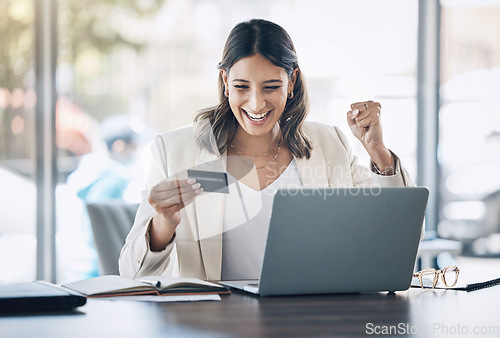 Image of Winning, credit card and winner woman on laptop for easy fintech, e commerce competition and website sale. Excited corporate person with online shopping app, financial banking or finance loan success