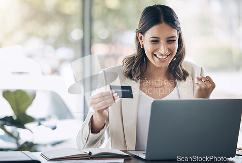 Image of Finance, credit card and happy with woman and laptop in office for savings, investment or online shopping mockup. Success, fintech or stock market with customer and website for deal, payment or offer