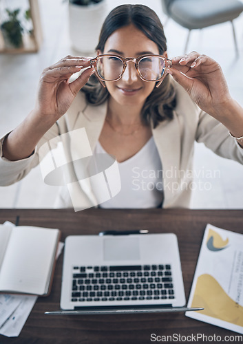 Image of Hands, woman or glasses for vision wellness, healthcare or clear view of law firm goals, target or innovation. Top view, smile or happy worker and eyewear, laptop technology or lawyer paper documents