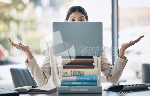Image of Woman, portrait or laptop on books stack in office research, finance student learning or corporate education in shrugging emoji. Worker, employee or college technology notebook and confused questions