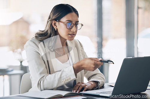 Image of Lawyer, thinking or reading laptop with legal solution help, court case study or research learning in corporate law firm. Woman, attorney or student on education technology in strategy planning ideas