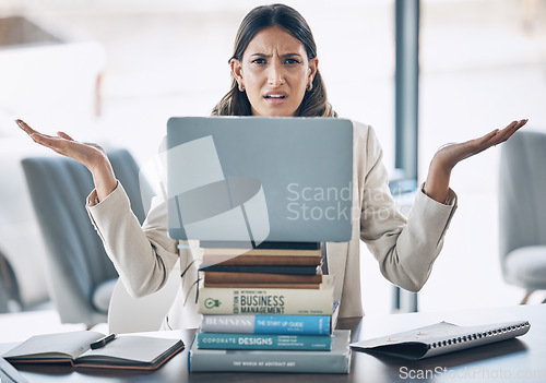 Image of Stress, portrait or laptop on books stack in office research burnout, finance student learning or corporate education anxiety. Worker, woman or technology with shrugging gesture or confused questions