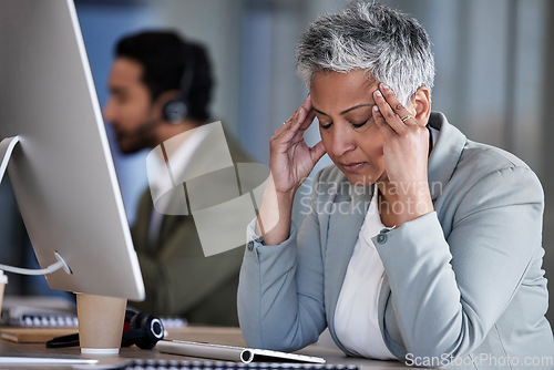 Image of Headache, senior woman and business stress of office employee with work burnout. Mental health, working and anxiety problem of a elderly worker feeling frustrated from 404 computer glitch at company