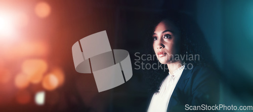 Image of Banner, vision and woman in night business for corporate, design and deadline in a dark office. Flare, thinking and panorama of an employee working overtime in the workplace for commitment to company