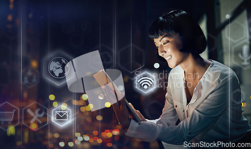 Image of Woman, tablet and digital transformation in the night city for networking, wifi or technology software icons. Female freelancer in futuristic big data, innovation or global communication on balcony