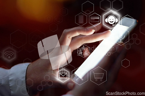 Image of Hands, phone and software icons on mockup screen for social media, networking or digital transformation. Hand of person touching futuristic smartphone display for big data, innovation or advertising