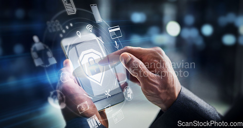 Image of Hands, phone and digital transformation for cybersecurity, mobile app or technology icons at night. Hand of person on futuristic smartphone, lock screen or biometrics in big data or virtual IoT