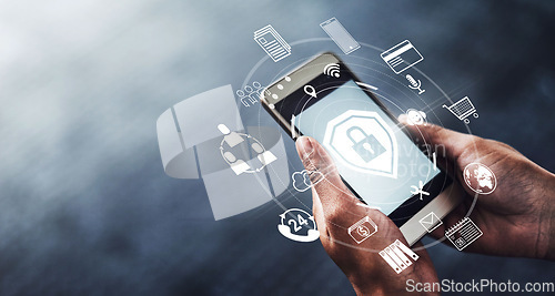 Image of Hands, phone and digital transformation for cybersecurity, mobile app or technology icons at night. Hand of person on futuristic smartphone, lock screen or biometrics in big data or IoT on mockup