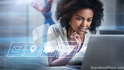 Image of Woman, laptop and digital transformation on bed for ecommerce, networking or transportation icons. Female online shopping on computer in futuristic big data, innovation or IoT and market app at home