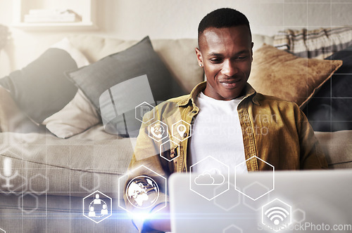 Image of Digital app overlay. computer infographics and black man working in a living room. Online software hologram, cloud computing and information technology of a remote worker doing web research at home