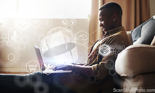 Image of Digital app overlay, global computer infographics and black man working in living room. Online data hologram, cloud computing and information technology of a remote worker doing web research at home