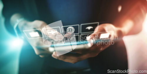 Image of Business man, app for phone and technology abstract with hologram, communication and 3D, chat and email with internet. Digital overlay, smartphone in hands and mockup, futuristic connection and wifi