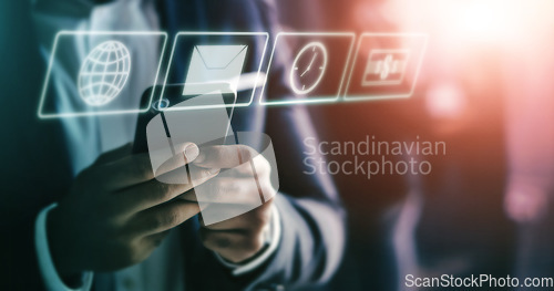 Image of Business man, phone in hands and app, technology abstract with hologram, communication and 3D. Digital overlay, clock and email with internet, mockup and futuristic with connectivity and wifi to chat