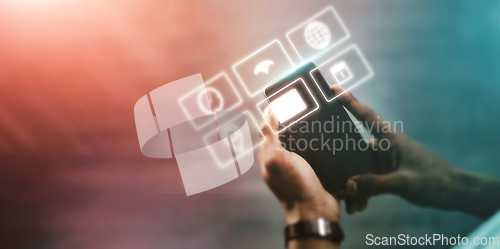 Image of Business man, app icons and technology abstract with hologram, communication and 3D, chat and email with internet. Digital overlay, smartphone in hands and mockup, futuristic connection and wifi