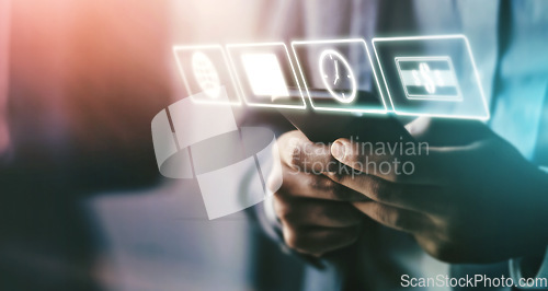 Image of Business man, mobile app icons and technology abstract with hologram, communication and 3D, chat and email. Digital overlay, smartphone in hands and mockup space, futuristic with connection and wifi