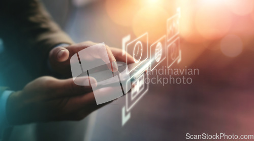 Image of Hologram, hands and smartphone with connection, futuristic and typing for social media. Closeup, cellphone and holographic for future communications, apps and device upgrade for software and texting