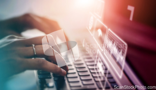 Image of Computer app overlay, software hologram and woman hands typing for information technology. Website, online applications and digital transformation of a it employee working on ux database and iot