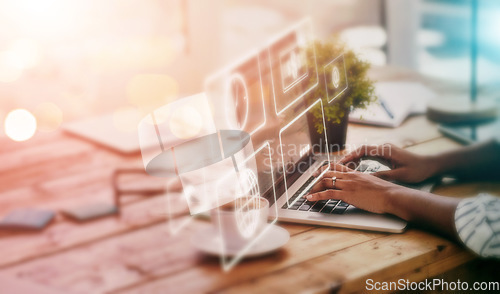 Image of Laptop, overlay and app icon with a woman in an internet cafe doing a search for global financial data. Computer, software or schedule with a person working on information research in a coffee shop