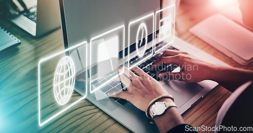 Image of Laptop icons, overlay and woman hands for networking app, email communication and digital time management. Worker typing on business computer with ui design. 3d hologram and internet productivity