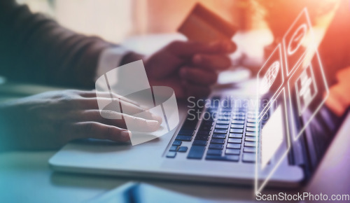 Image of Laptop, ecommerce and overlay with a business person making a digital payment schedule over the internet. Computer, data and software with an employee online banking or searching the stock market