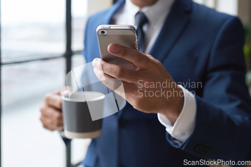 Image of Email, coffee and hand of a businessman with a phone for social media, communication and chat. Contact, internet and employee reading the news on a mobile app while drinking tea in the morning