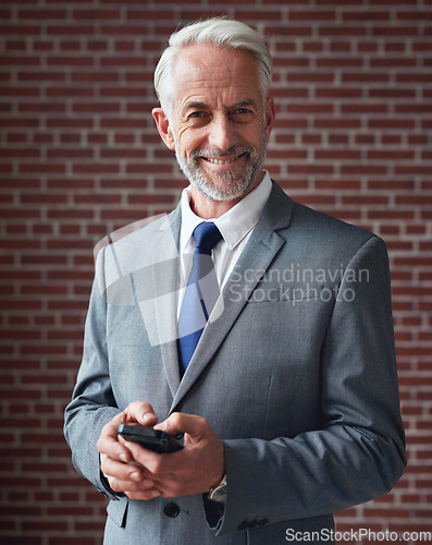 Image of Portrait, email and a mature businessman with a phone for communication, networking and news. Connection, chat and happy ceo or manager typing a message on a mobile app for executive business