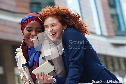 Image of Business, women and friends in city, smartphone and happiness on lunch break, promotion and laughing. Female employees, happy consultants and agents with cellphone, outdoor and cheerful in street