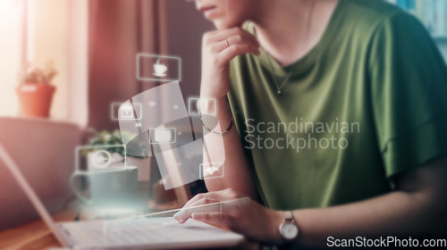 Image of Developer, hands or laptop hologram abstract in networking cybersecurity, remote iot or programming. Woman, typing or 3d internet technology of dashboard software or futuristic digital transformation