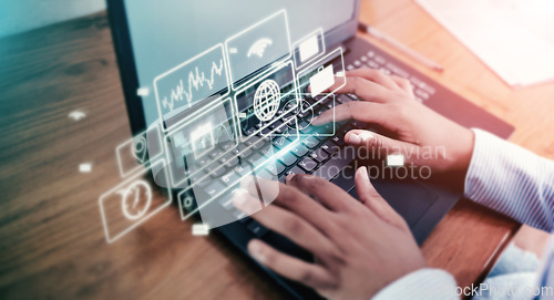 Image of Businessman, hands or laptop hologram screen in networking, stock marketing trading or financial cybersecurity data. Worker, typing or 3d technology abstract for futuristic dashboard or search engine