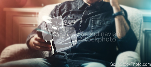 Image of Man, phone or 3d hologram of internet gaming, futuristic networking or virtual cloud media in relax house. Person, mobile or technology abstract app for gamer ux, email logo or digital transformation