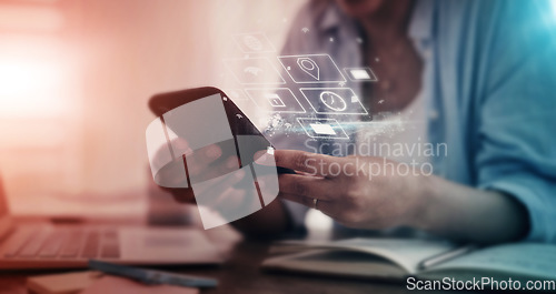 Image of Business woman, hands or phone hologram screen in networking, schedule management or global calendar app. Zoom, worker or 3d technology abstract for futuristic dashboard, iot or email communication