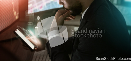 Image of Businessman, hands or phone hologram screen in global night finance, stock marketing trading or financial cybersecurity. Worker, thinking or 3d technology abstract for futuristic cryptocurrency app