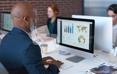 Image of Analysis, data and black man on a computer for finance, global economy and information on world growth. Planning, reading and African businessman working on stats and graph for financial report
