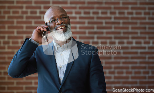 Image of Phone call of senior black man on brick wall for business communication, networking success or news. Happy professional manager, USA executive or boss talking on smartphone for investment opportunity