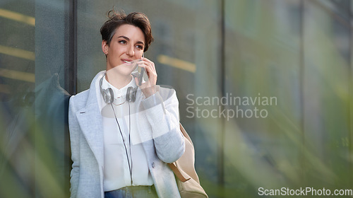 Image of Woman, phone call and communication outdoor, chat and networking with discussion, travel to work and mockup space. Young creative in city, conversation with technology and 5g network in Boston