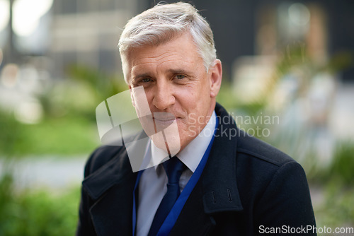 Image of Portrait, senior and business man in city with vision, mission and success mindset in urban town outdoors. Ceo, boss face and proud, confident and elderly male entrepreneur from Canada ready for work