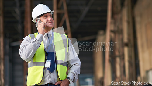 Image of Engineer, construction and phone of a man outdoor for building project management. Senior contractor person talking to contact for civil engineering, safety idea and development at mockup space site