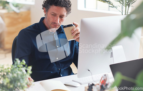 Image of Writing, planning or graphic designer man on computer for creative research, planning web strategy or branding. Startup office or employee at desk working on notebook, SEO calendar schedule or agenda