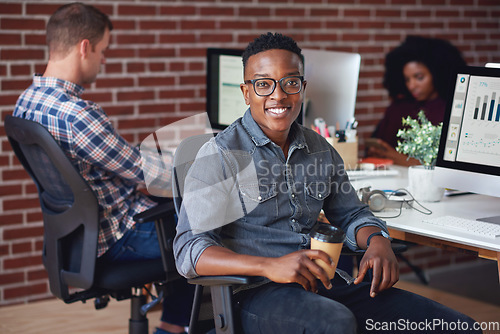 Image of Computer, office portrait and black man at startup tech company for data analysis, digital graphs and chart. Desktop worker, information technology employee or person smile working at workspace desk