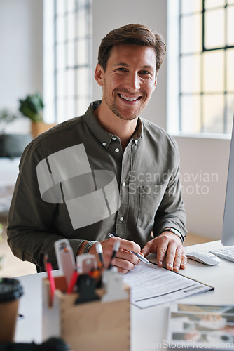 Image of Business man, portrait and contract signing of a worker at an office desk with employee deal. Paperwork, document and planning web worker with b2b agreement feeling happy with work survey and ideas