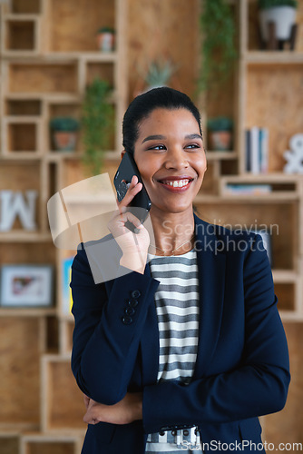 Image of Corporate black woman, office phone call and smile for networking, deal or agreement at startup. Young executive leader, smartphone and happy in workplace for entrepreneurship, vision or conversation